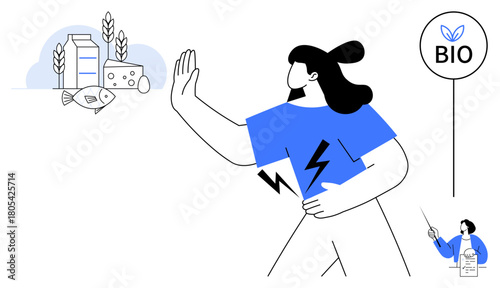 Woman with raised hand rejecting dairy, fish, and grains alongside BIO label. Ideal for health, diet, allergies, choice, awareness sustainability and organics. Simple flat metaphor