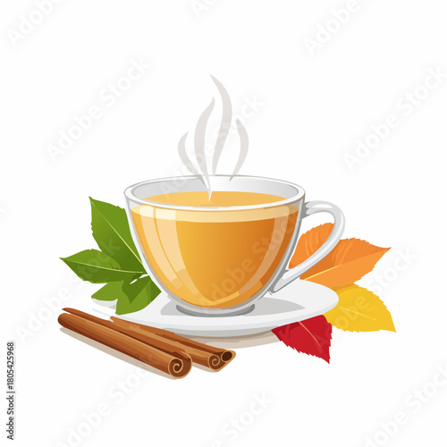 A steaming cup of apple cider sits on a table with cinnamon sticks and fall leaves.