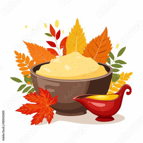 A bowl of mashed potatoes sits beside a gravy boat on a table decorated with fall colors.