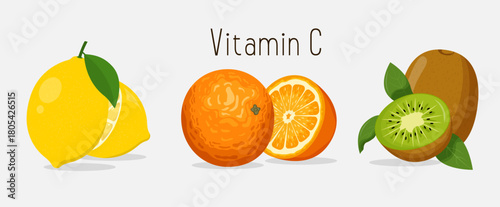 A set of three colorful fruits lemon, orange, and kiwi. Vitamin C for a healthy body.