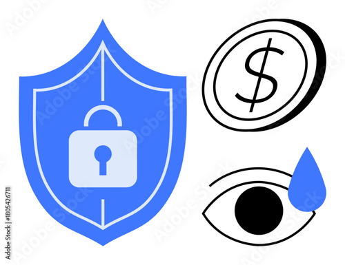 Blue shield with padlock, dollar sign, and eye with teardrop representing security, financial safety, privacy. Ideal for technology, data protection, finance, privacy surveillance encryption