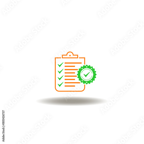 Vector illustration of clipboard and seal with check mark. Symbol of insurance premium policy. Icon of quality control standard.