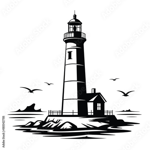 Tall lighthouse standing on rocky island silhouette
