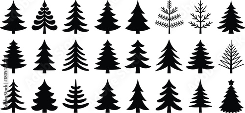 Christmas tree silhouettes collection, pine and fir icons set, black evergreen forest shapes on white background, winter holiday decoration elements​