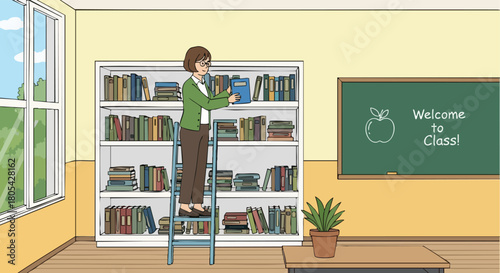 Dedicated Female Teacher Organizing Bookshelves and Preparing the Classroom Library Before Class Starts.