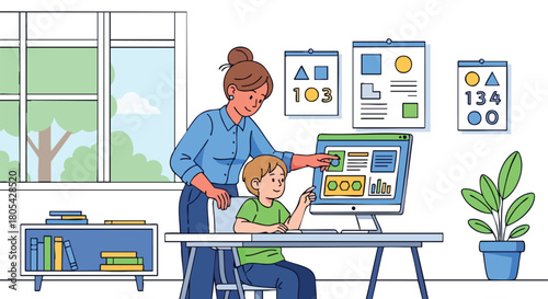 Female Teacher Providing Personalized Digital Learning Assistance to a Young Student Working on a Computer in a Modern Classroom.