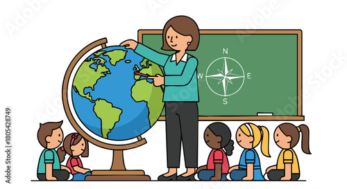 Female Geography Teacher Pointing to a World Globe While Instructing a Group of Diverse Elementary School Students.