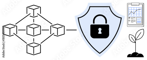 Blockchain structure connecting nodes with shield lock for security, clipboard for data tracking, and plant growing as a symbol for growth. Ideal for technology, security, finance, data, environment