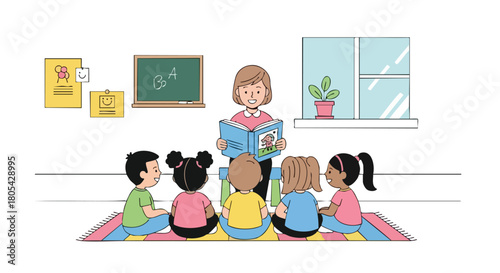 Kindergarten Teacher Reading a Story Book to a Diverse Group of Young Children Sitting on a Colorful Rug in the Classroom.
