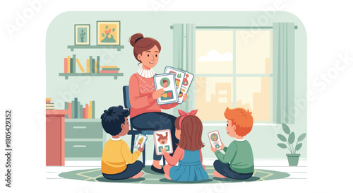 Kindergarten or Preschool Teacher Using Flashcards to Teach Young Children About Different Subjects in a Playful Indoor Setting.
