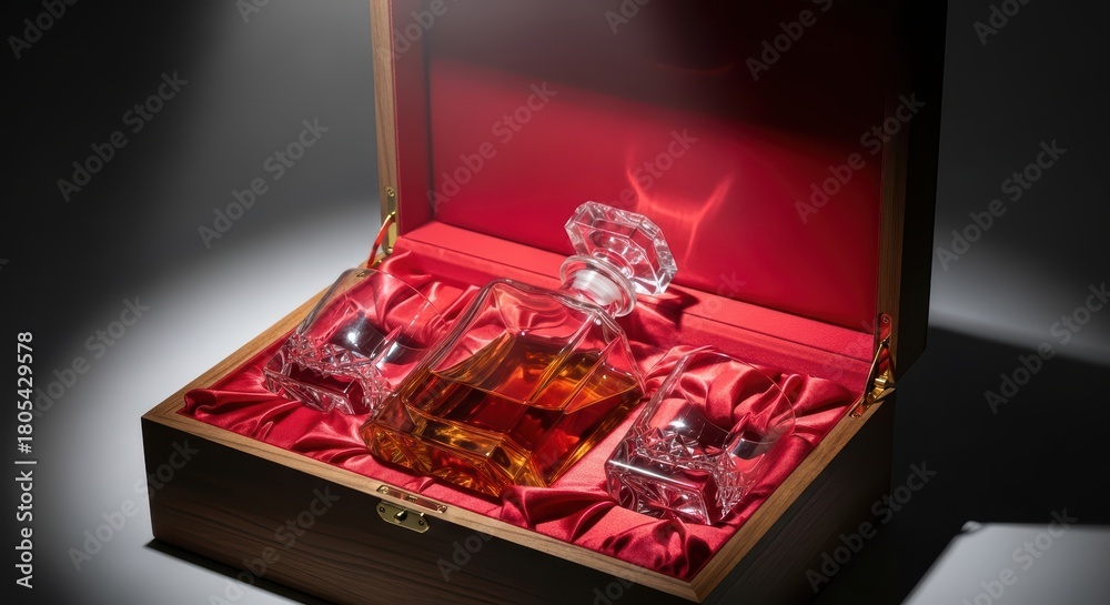 Fototapeta premium Elegant whiskey decanter set in luxury wooden box with red silk lining