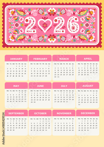 Folk-art 2026 calendar with floral heart design in vibrant pink tones