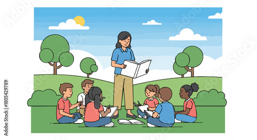 Elementary School Teacher Reading a Book Outdoors to a Diverse Group of Young Students Engaged in Learning and Drawing