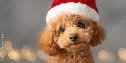 toy poodle apricot, santa hat, neutral gray background with delicate sparkle, mid close-up