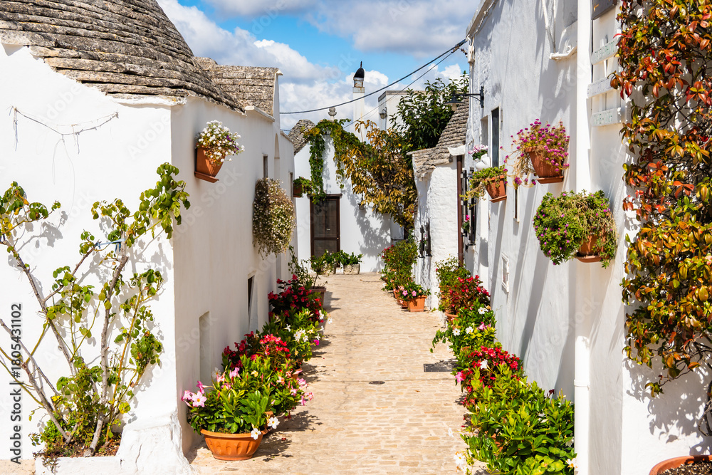 Naklejka premium icturesque alley of white trulli homes adorned with colorful flowers and hanging plants in Alberobello town, Apulia, Italy