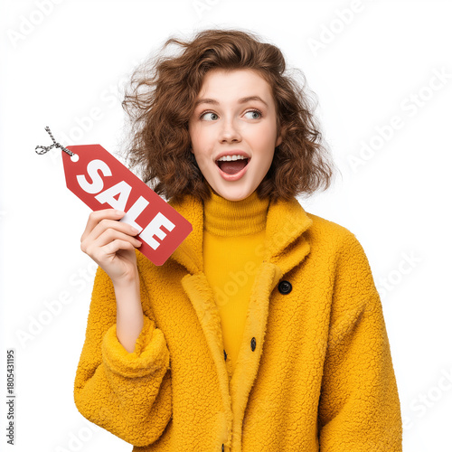 Excited young woman holding a giant discount tag with 