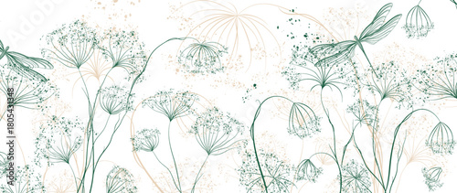 Grass art background with hand-drawn grass, flowers and dragonfly. Botanical wallpaper for interior decor, banner, print, textile, packaging