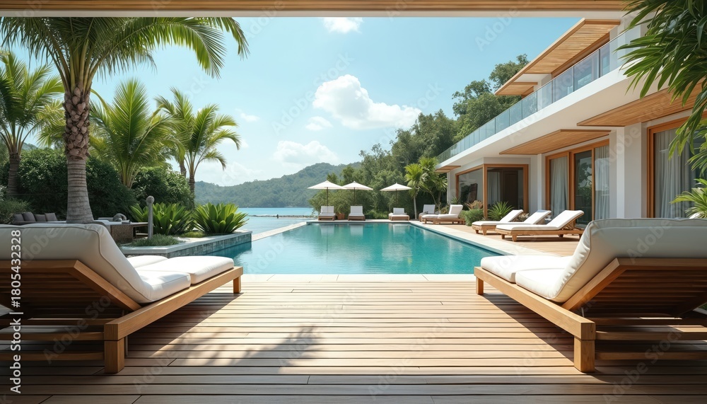 Naklejka premium Luxury villa with pool and sun loungers near the sea. Modern resort with palm trees, calm blue water and green hills. Perfect vacation spot.