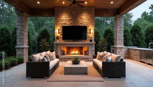 Luxurious outdoor patio features fireplace TV comfortable seating. Modern design blends with nature creating relaxing entertainment space. Smart home integration provides control of lighting audio,