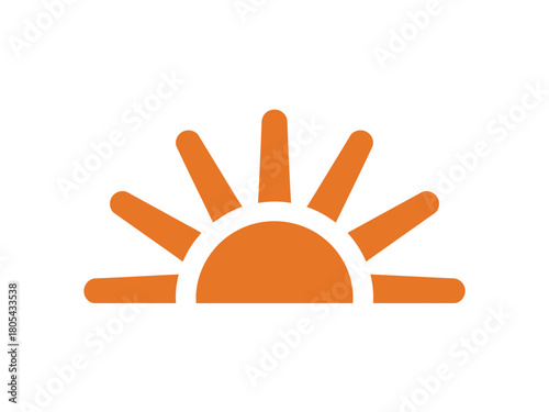 Orange sun rising with rays on a white background simple