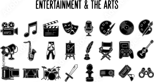 Entertainment  The Arts Vector Icons Collection. Monochrome Symbols for Film, Music, Theater, Art, Gaming, Ballet, Literature, and Creative Hobbies. Black and White 