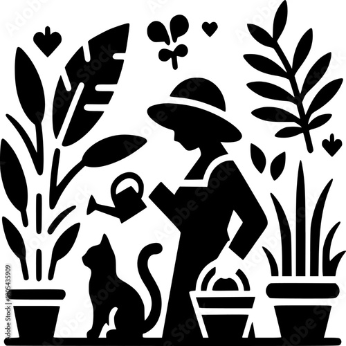 Botanical Haven: Silhouette illustration of a person watering potted plants, a tranquil scene of nurturing and growth in a personal garden. 