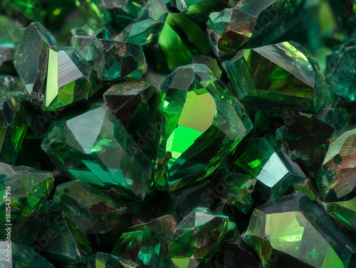 Bright green gemstones sparkle in a close-up view revealing intricate details and natural beauty of minerals