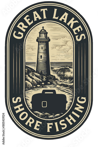Vintage emblem of Great Lakes Shore Fishing with lighthouse, waves, and tackle box illustration design. Vintage fishing vector emblem badge patch, retro design, transparent background