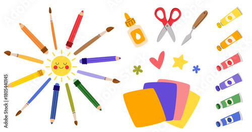 Set of school and art supplies. Pencil, pen, scissors, glue, marker, paper sheets, colorful paint tubes. Illustration for educational materials, back to school designs, craft projects