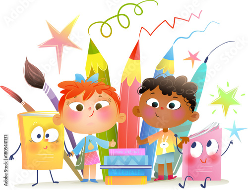 Cheerful kids create art with smiling books, brushes, and colorful pencils in a creative scene. Fun characters celebrate learning and imagination. Vector cartoon illustration for children education