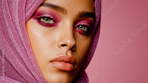 A woman with pink makeup and a pink headscarf against a pinking background