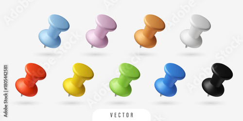 3D colourful stationery thumbtack set. Isolated different colored vector elements