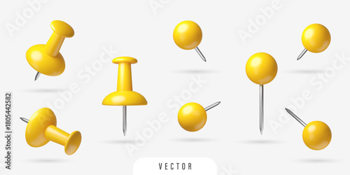 3D yellow pin and thumbtack set. Isolated realistic different vector design elements