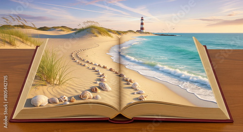 An open book reveals a vibrant beach scene with sand dunes, seashells, a lighthouse, and turquoise ocean, symbolizing escape and travel.