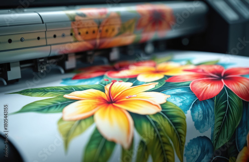 Digital printer creates bright floral pattern on fabric material. Machine applies vibrant flower design onto textile for fashion or decor. Automation helps craft unique art.