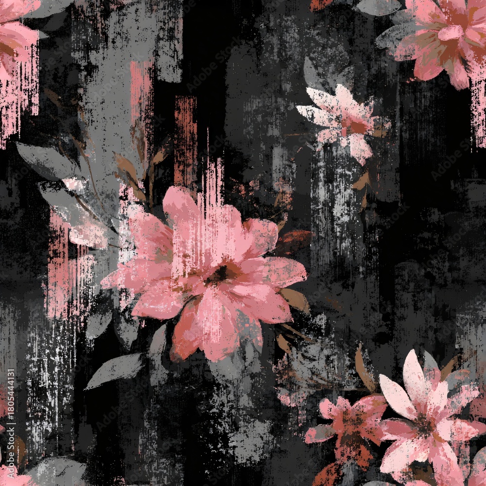 Fototapeta premium Seamless brush stroke background with pink flowers. Pattern for fashion fabric, textile design, wallpaper, wrapping paper and decorative print.