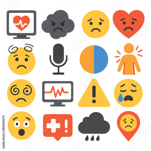 Emotions Array: Capturing a spectrum of human feelings, from joy to sorrow, represented through various expressions and symbolic icons. Reflecting the multifaceted nature of human emotion
