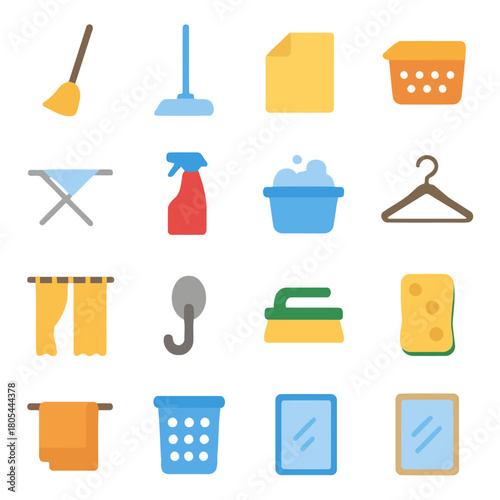 Cleaning Essentials Icons: A collection of vibrant icons represents essential tools for maintaining a clean and organized home, each meticulously crafted to visually communicate their functions.