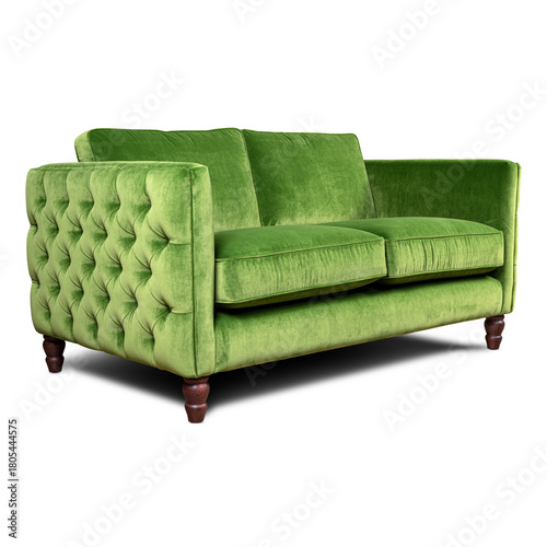 Vibrant green velvet loveseat with deep tufted sides, plush cushions, and wooden legs, isolated on white with included clipping paths. Stylish seating for modern or classic interior décor