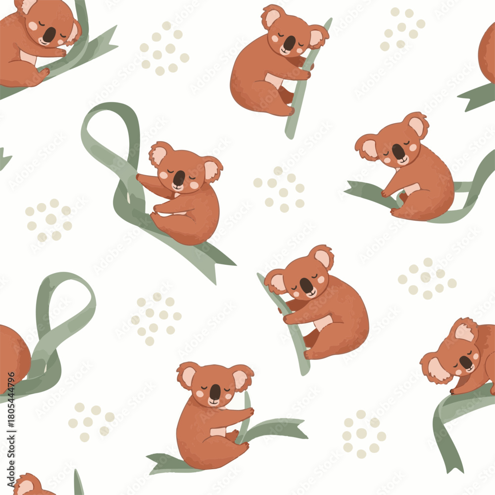 Fototapeta premium Cute Koala Bear Characters Boho Seamless Pattern for Nursery Decor and Gentle Textile Design