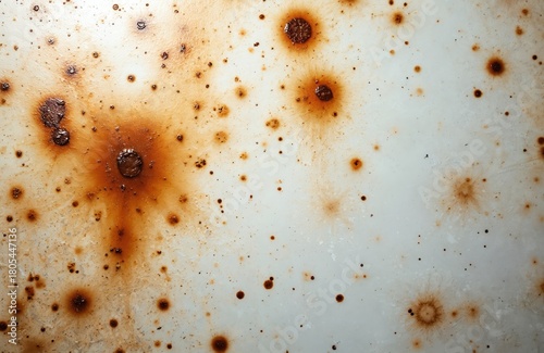 White stove surface with brown grease stains and splatters. Dirty kitchen appliance with oil spots and residue. Grimy texture on cooking equipment. Unclean household item with baked on food residue.