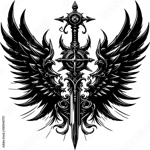 Divine Steel: An intricately detailed illustration features a celestial sword, its blade gleaming amidst outstretched wings, representing power and valor.