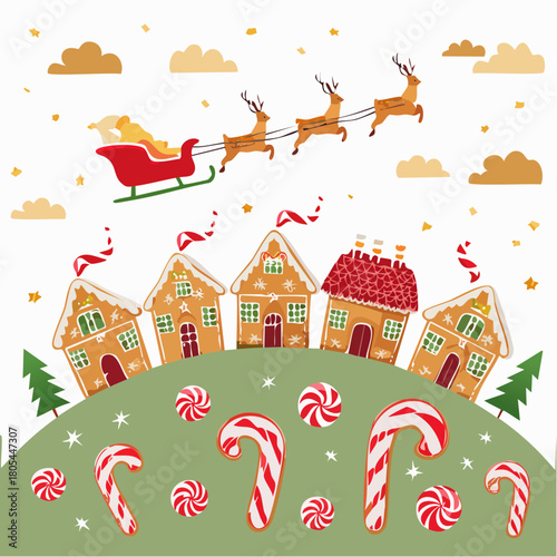 Festive Candyland Village with Santa's Sleigh Flying