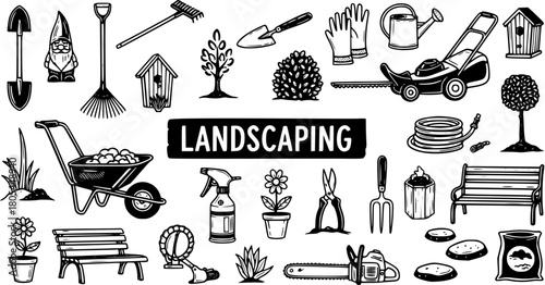 Hand-drawn Landscaping and Gardening Tools Set with various outdoor equipment, plants, and accessories in a sketch style, perfect for garden design projects.