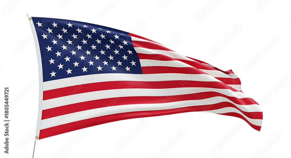 Fototapeta premium Waving United States of America flag, with stars and stripes in motion isolated on a white or transparent background, cutout, PNG