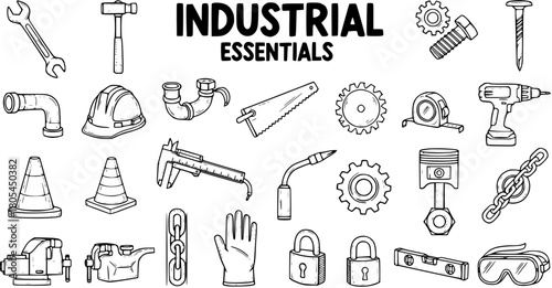 Industrial Essentials Hand-Drawn Vector Icons: Wrenches, Hammers, Safety Gear, and More for Construction, Manufacturing, and Maintenance
