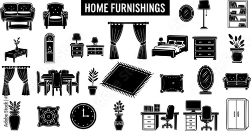 Home Furnishings Icons: Furniture, Decor, and Accessories in Black and White