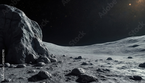 View of rocky moon surface under starry dark sky. Vast alien landscape with craters and boulders. Cosmic background for science or fantasy stories.
