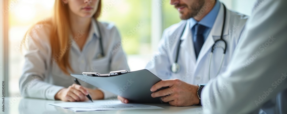 Fototapeta premium Male doctor explains medical exam results to female patient. Provides health advice during consultation at sunny clinic office desk. Physician holds clipboard with patient data. Woman writes notes,