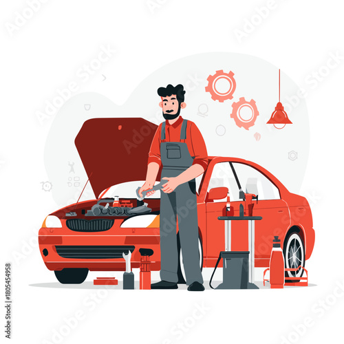 Mechanic Fixing Car Engine with Tools in Garage Setting